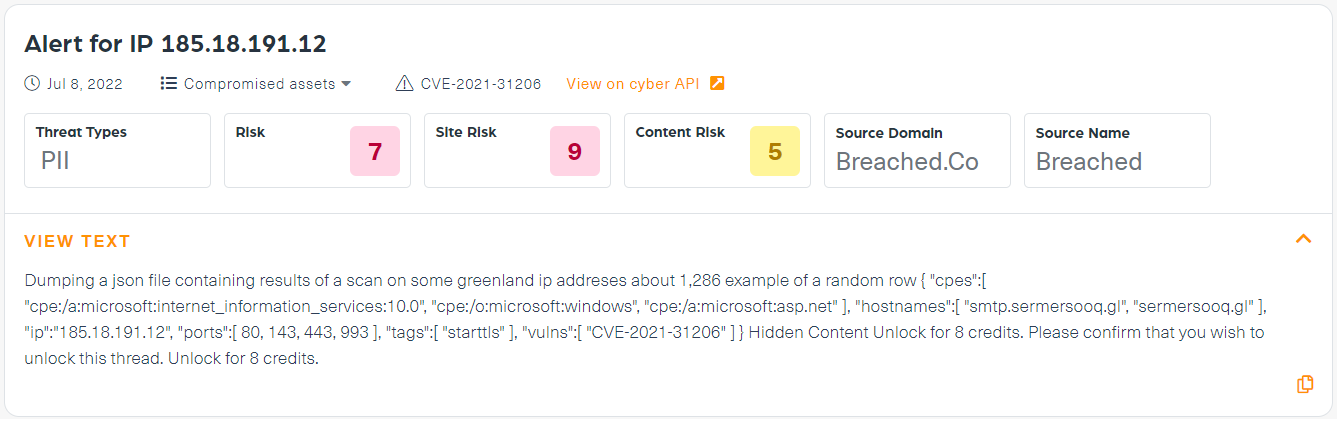 A screenshot of an IP alert from Webz.io’s Dark Risk Interface 
