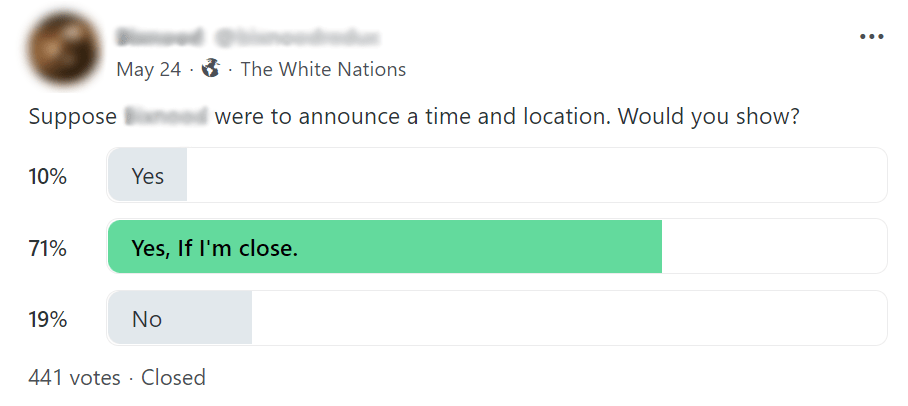 The manager of the White Nations is running on poll to see if members would like to attend in person meetups.
