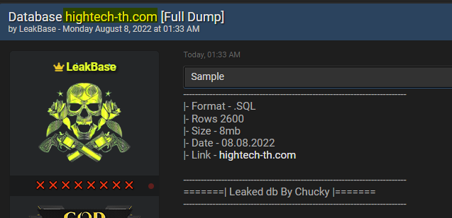 The database of hightech-th.com which appeared on hacker forum Breached.co two months after the Dark Risk alert
