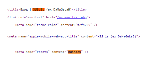 A screenshot of the HTML source code with the noindex meta tag of xss.is hackers forum 
