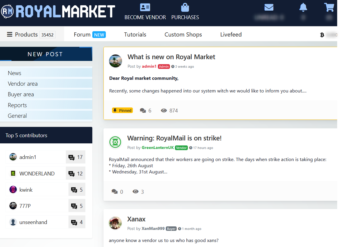 Royal Market’s forum section in which vendors and threat actors discuss the latest hacking trends, vulnerabilities, and matching exploits,