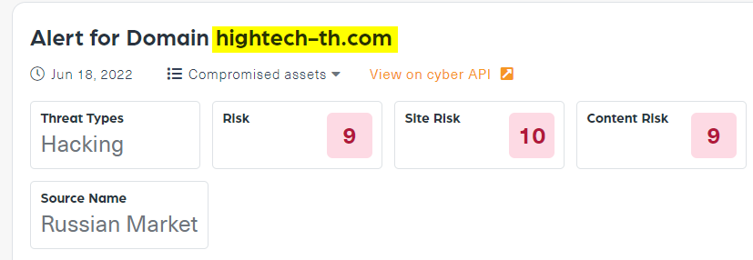 A high risk Dark Risk alert about a domain called hightech-th.com 