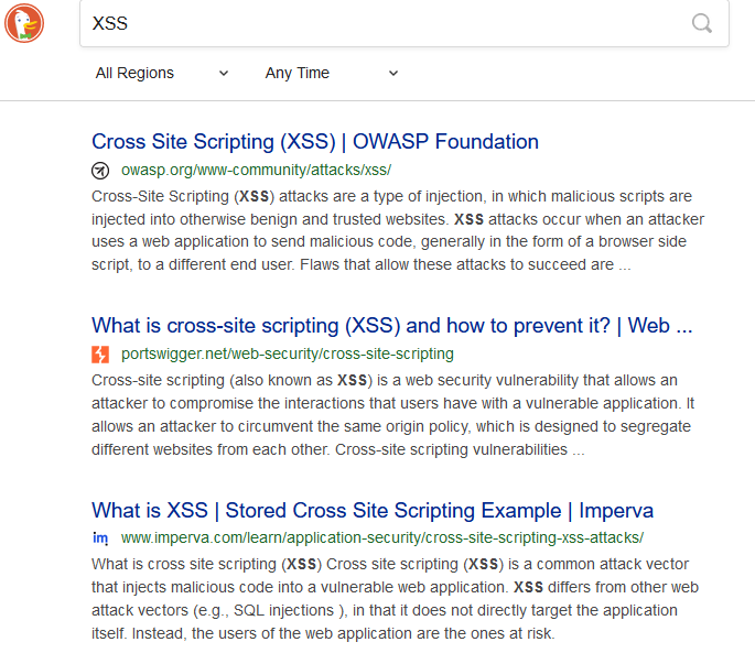 An example of a search of XSS on DuckDuckGo, TOR’s search engine, which doesn’t list the hacking forum as it’s not indexed