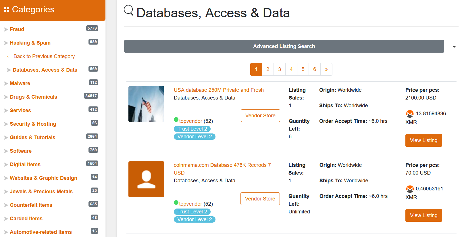 AlphaBay Market’s Databases category page 