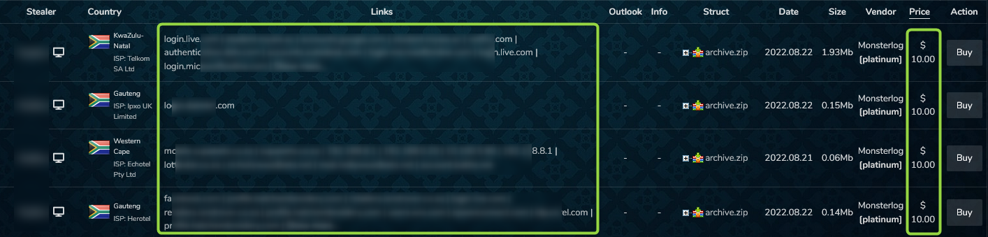 The Stealer logs section on Russian Market