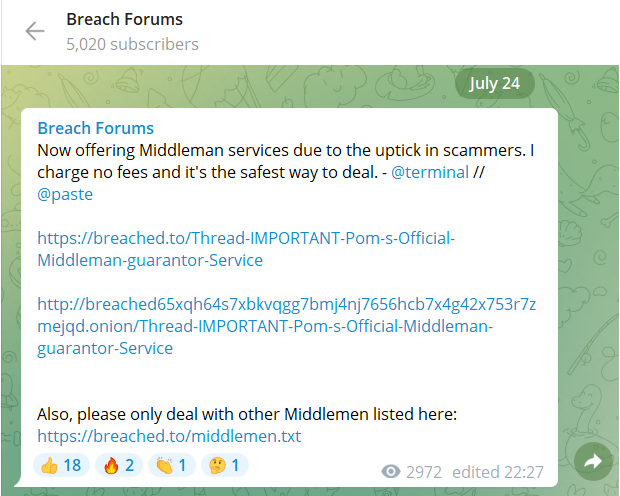 A screenshot from the Telegram channel operated by the admin of hacking forum Breached