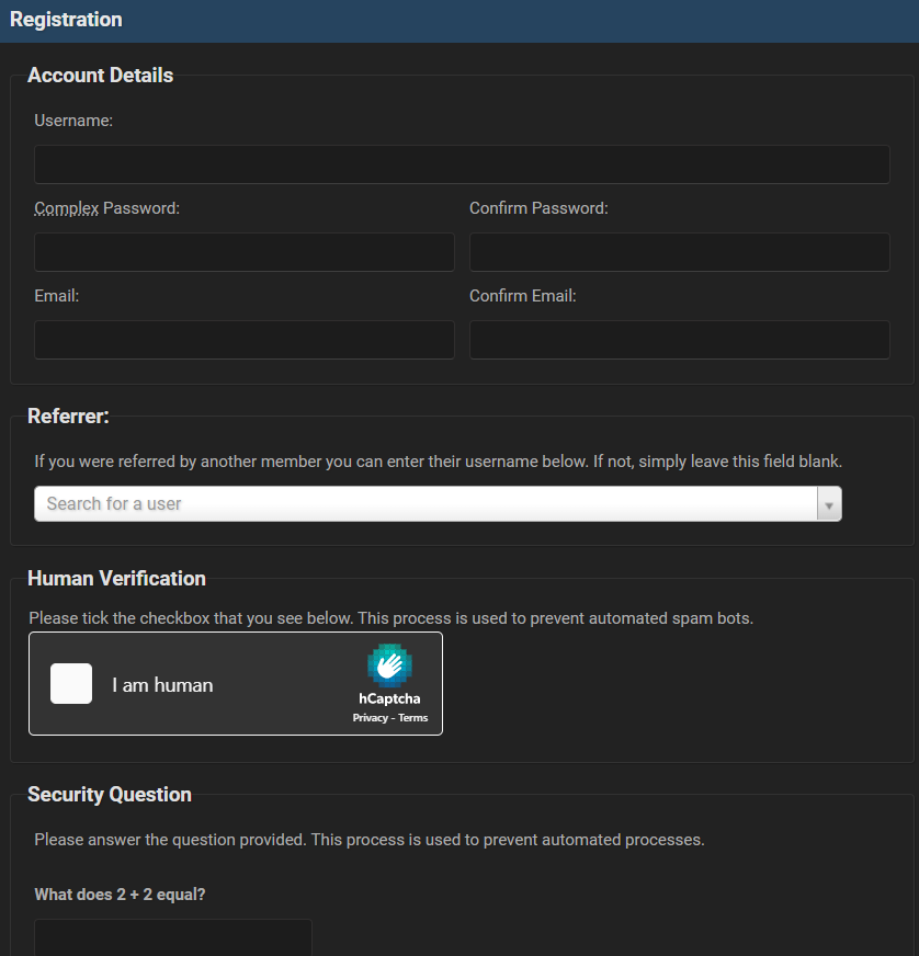 Registration to BreachedForums requires username, complex password, an email address, human verification, and answering a security question