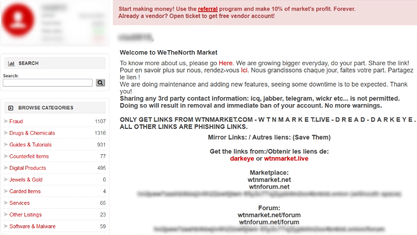 WeTheNorth’s landing page sets the terms and rules for accessing the market and provides data for users to avoid phishing