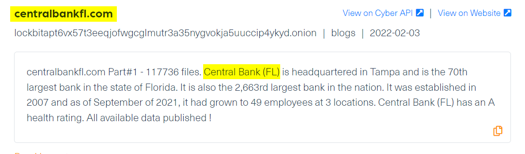 The first post was published by Lockbit in February, in which they leaked the first part of the compromised data belonging to the Central Bank of Florida. The screenshot is taken from our Cyber API.