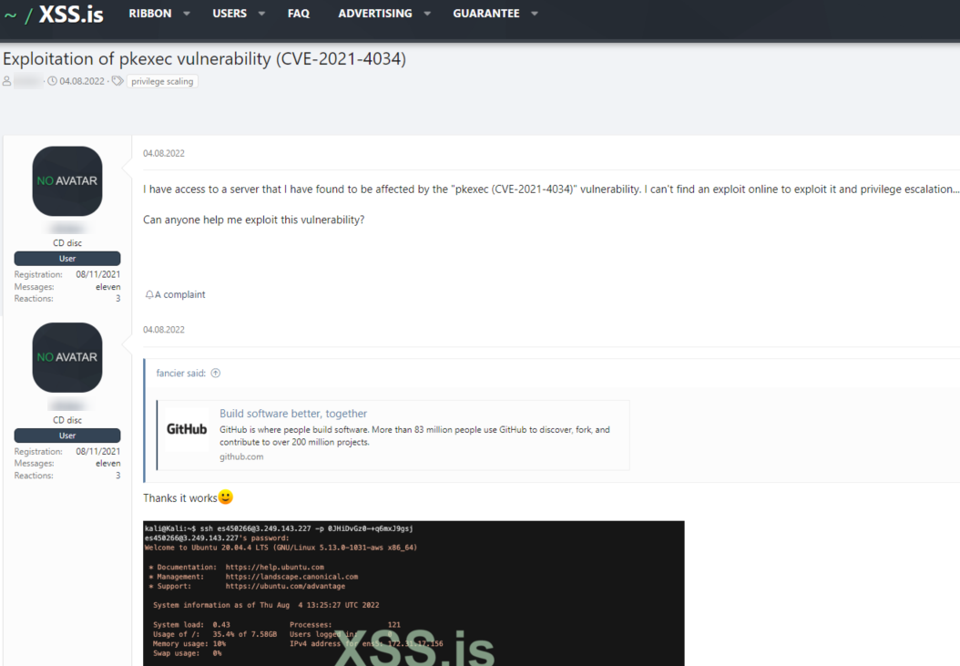 A post by a threat actor on XSS hacking forum who is looking for a CVE-2021-4034 script
