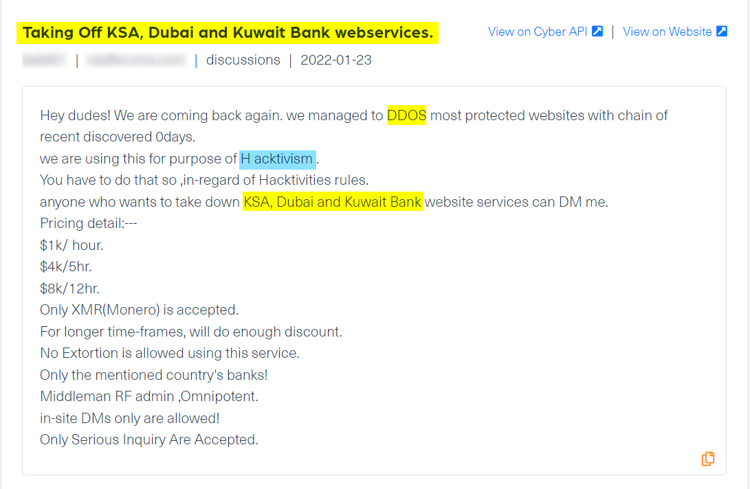 A post published in a hacking forum, where the threat actor offers a service of phishing attack for sale. The attacks are priced by different limited time scopes and are offered against KSA (Kingdom of Saudi Arabia), Dubai and Kuwait banks.