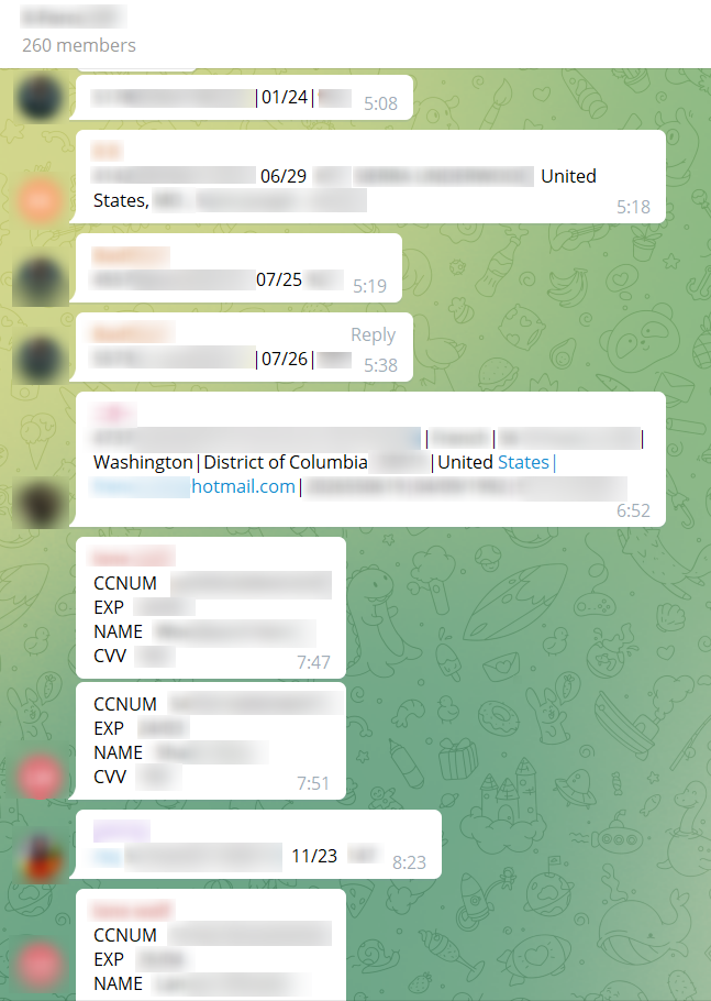 A screenshot of credit card dumping in a closed Telegram group.