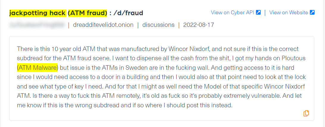 A discussion about an ATM jackpotting fraud on dark web hacking forum Dread. The screenshot was taken from Webz.io’s Cyber API