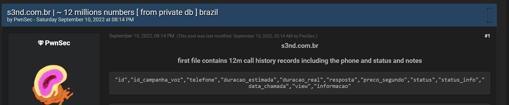 This example includes a database of 12 million phone numbers of Brazilians that were leaked on hacker forum Breached.co. This database is readily available for use by a threat actor who would like to launch a smishing attack against these leaked phone numbers.