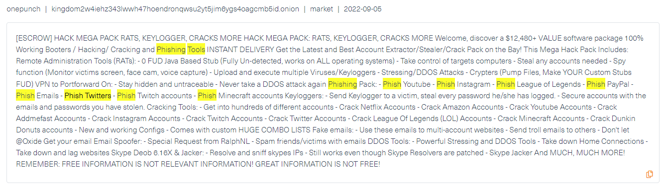 A listing on dark web marketplace Kingdom, where a threat actor is offering a phishing tool pack for Youtube, Instagram, Twitter PayPal, and more. The screenshot is taken from Webz.io’s cyber API