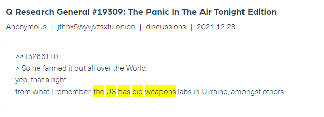 An 8kun member claims the U.S. has bio labs in Ukraine without presenting any proof