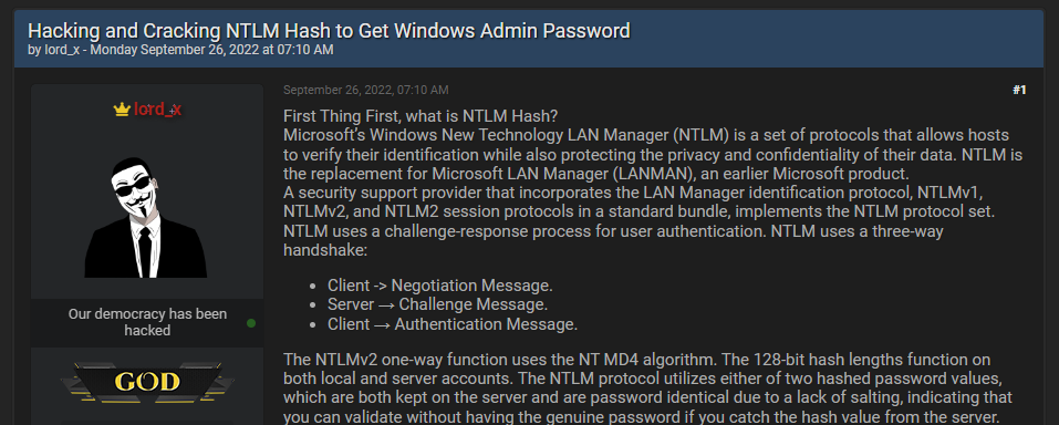 A post on Breached where a threat actor offers a guide and a tool to help other threat actors capture the hash of the admin passwords
