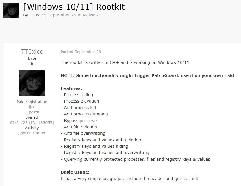 A threat actor offering Rootkit for Windows in a post on Exploit hacking forum