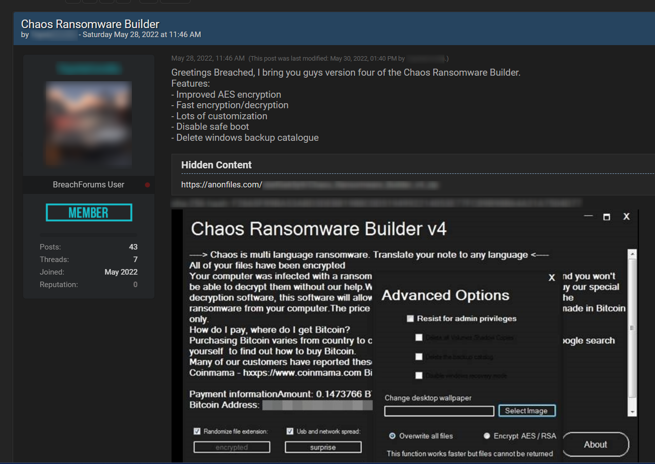 A threat actor is offering a customizable ransomware builder, named Chaos, in a dark web hacking forum 