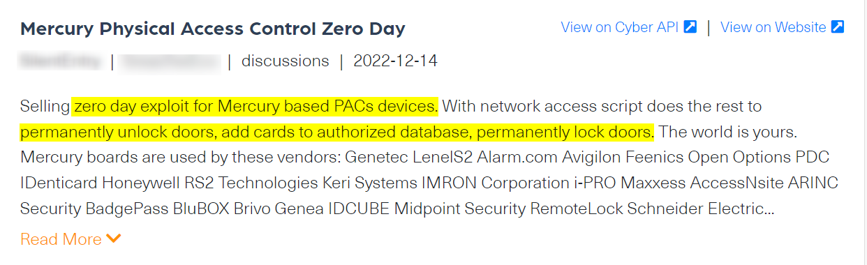 A Threat actor is offering a zero-day exploit for sale to gain access to Mercury’s IoT devices such as controllers and readers. The screenshot was taken from Webz.io’s Cyber API playground