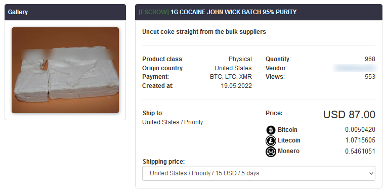 A listing of Cocaine offered for sale on the popular marketplace Kingdom Market