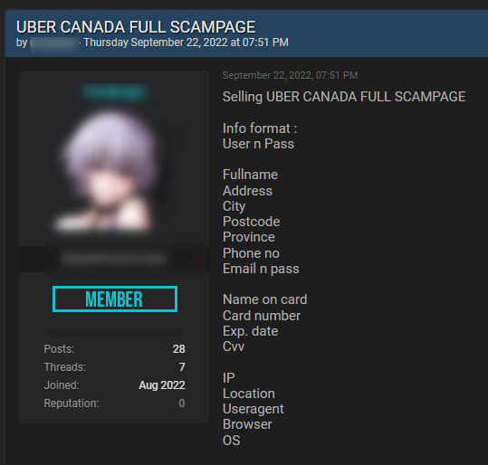 A post where a threat actor is selling a scam page for Uber Canada's site