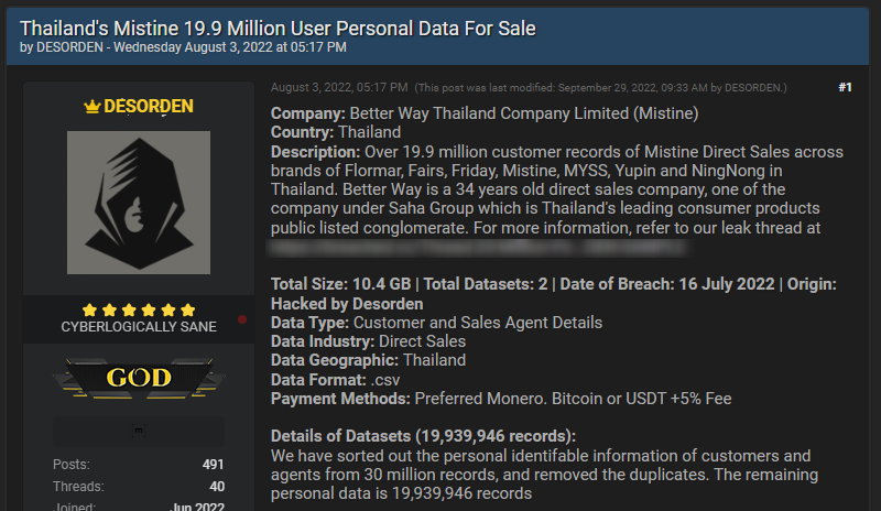 A post written by Desorden, where they offer for sale personal information they stole from Better Way Thailand company