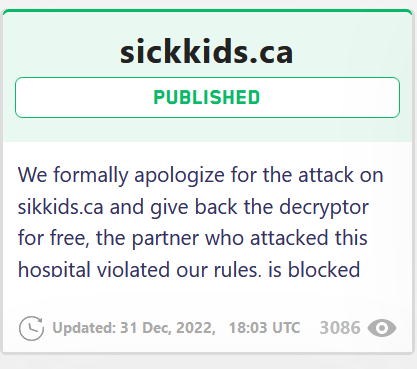 LockBit apologizing and providing their decryptor for free to a children's hospital that was attacked by one of their affiliates who violated their "ethical" rules
