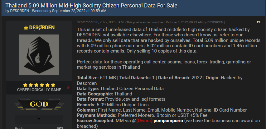 The post where Desorden offers for sale 5.09 PII of Thai citizens