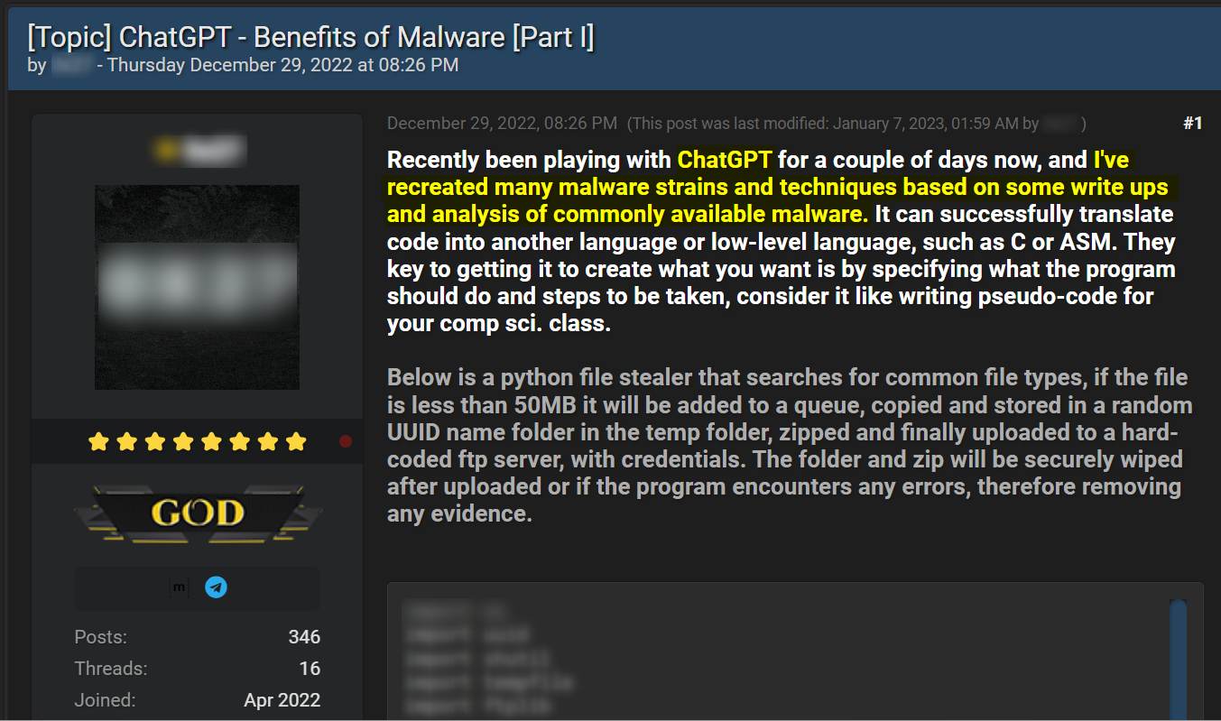 A cybercriminal revealing how he could use the ChatGPT to create malicious malware