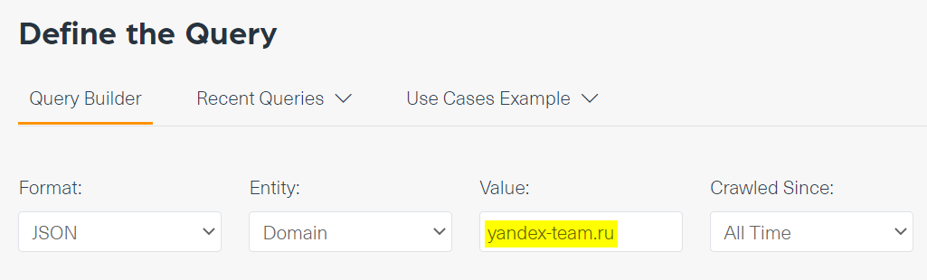 This is a screenshot of the search we ran on Webz.io’s DBD of the domain “yandex-team.ru”