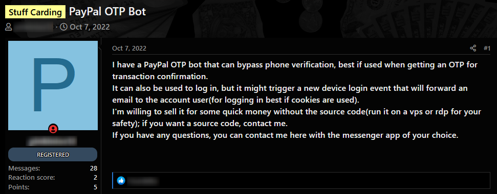 A dark web criminal offering a bot that was built to bypass the PayPal phone verification for other actors to perform credential stuffing on PayPal accounts