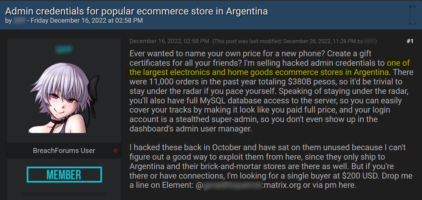 A post on BreachForums where a cybercriminal is selling admin credentials of one of the largest eCommerce stores in Argentina