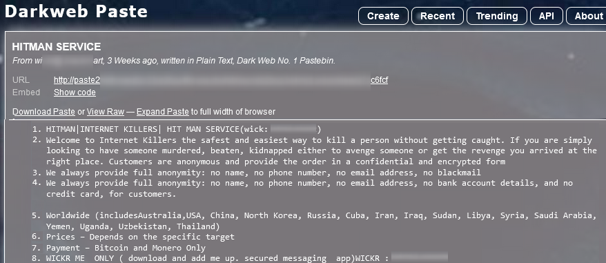 A hitman offering his services on Tor-based platform Darkweb Paste