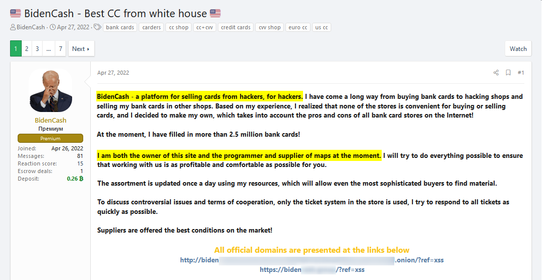 BidenCash’s admin advertises his marketplace on XSS
