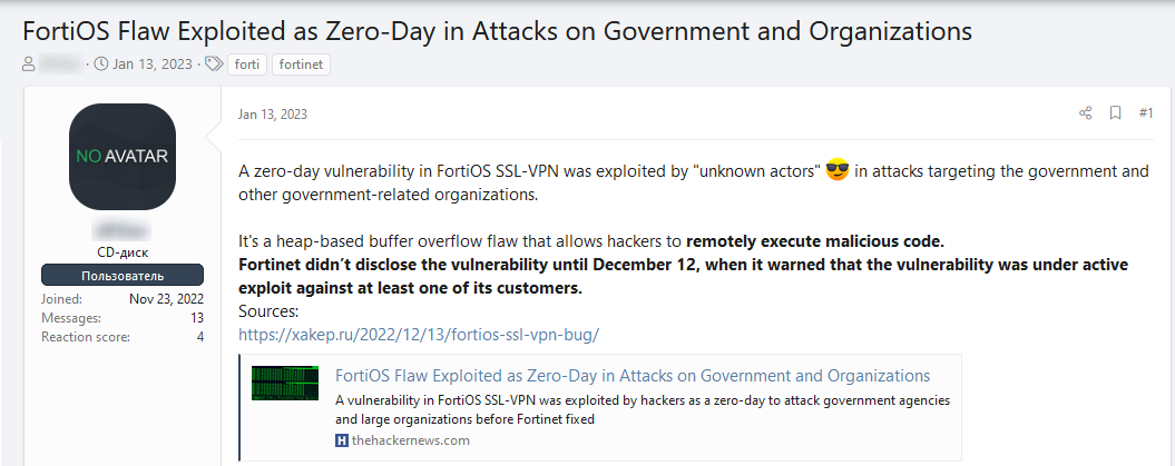 The post on Russian hacking forum XSS where a FortiClient CVE, CVE-2022-42475, was shared
