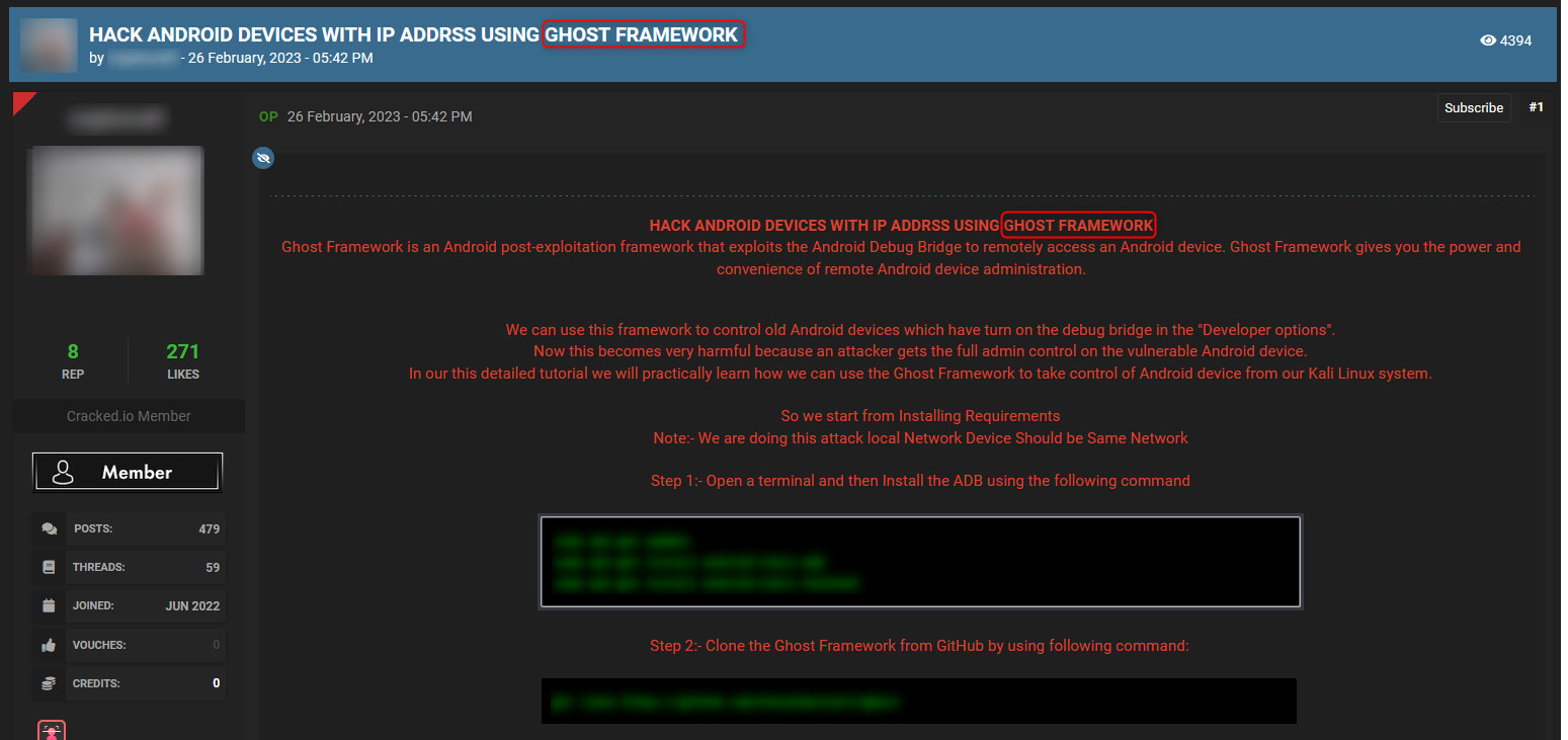 A typical threat on dark web hacking forum Cracked that includes a tutorial on how to use Ghost framework for hacking android devices