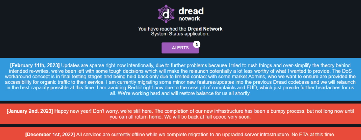 A screenshot of Dread's home page, where you can see multiple announcements about their progress