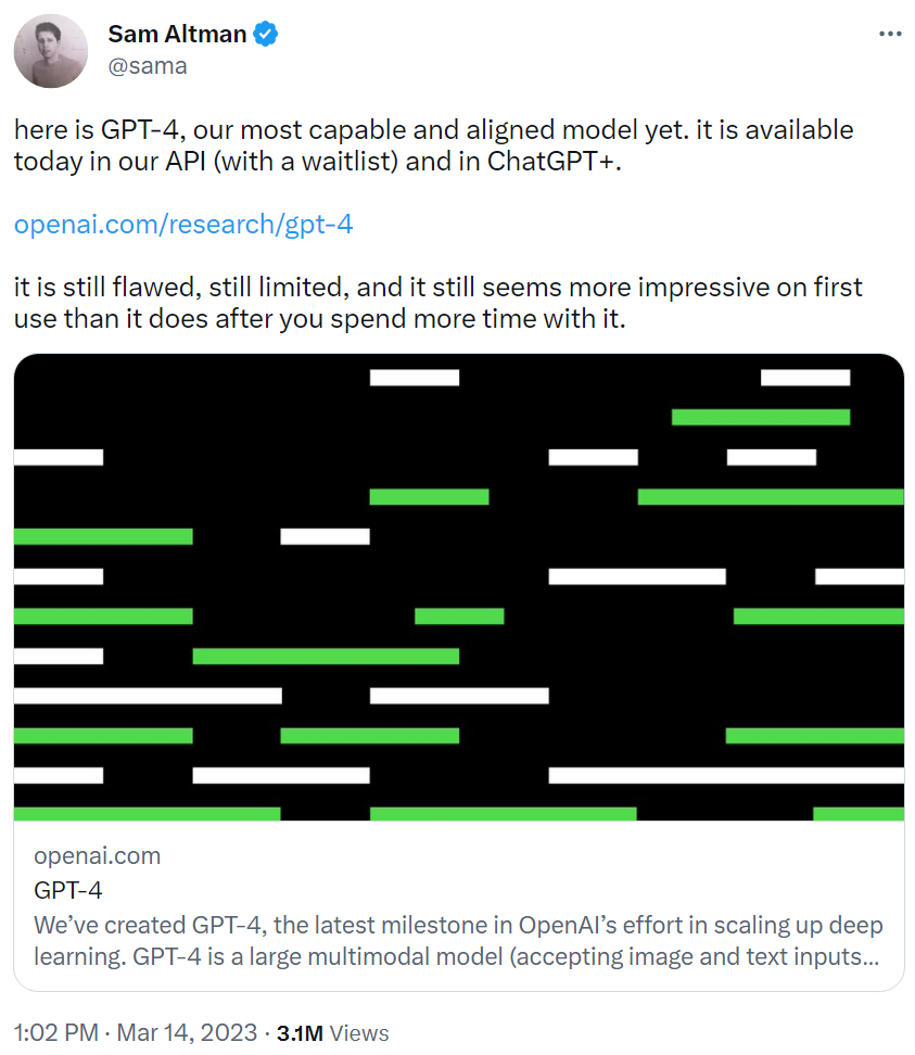 A tweet by Sam Altman CEO of Open AI about how flawed GPT-4 is