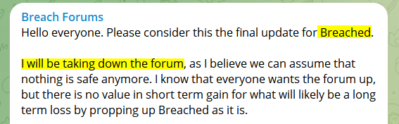 A screenshot of the shutdown announcement on the forum's official channel on Telegram