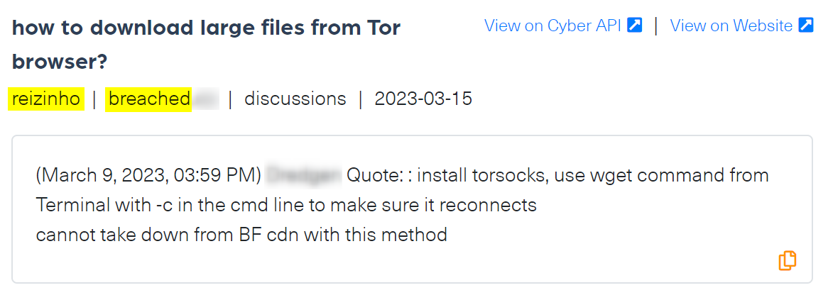 A screenshot from the playground of Webz’s Cyber API that shows reizinho was active on BreachForums