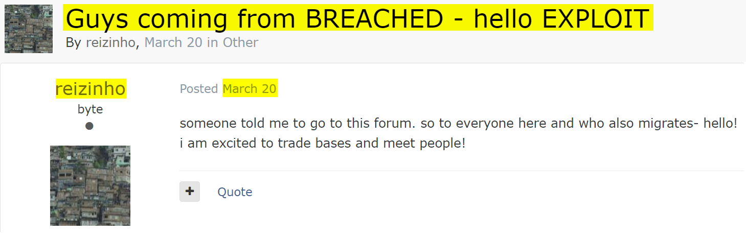 A screenshot from a thread on Exploit that reizinho opened in order to welcome users from BreachForums