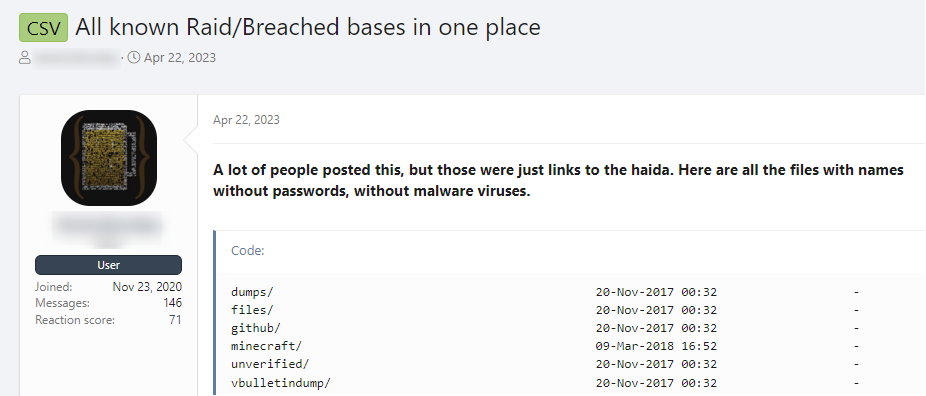 A screenshot from XSS where a user shares a list of files that had been published before on BreachForums and RaidForums