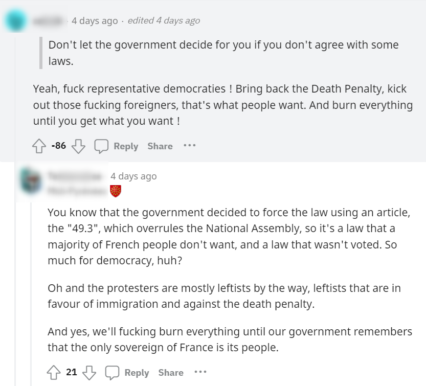 A French radical user expresses his frustration and anger against the French government and its recent decision to change the pension policy