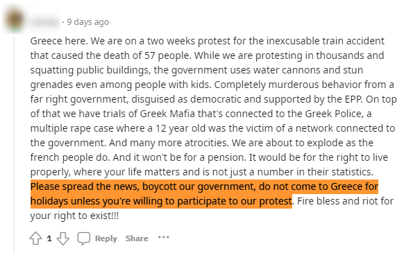  A Greek user calls to boycott the Greek government and tourists to stop visiting the country