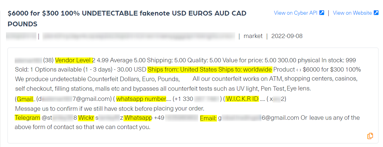 A listing of counterfeit banknotes offered on a dark marketplace, associated with the first listing shown above. The screenshot was taken from Webz Cyber API Playground since the original marketplace is down.