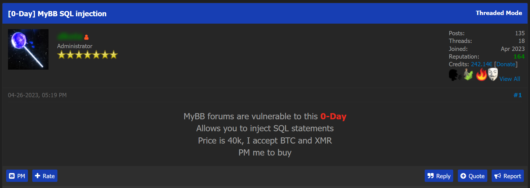 A zero-day that poses a high risk for businesses using MyBB forums is offered for sale on OnniForums