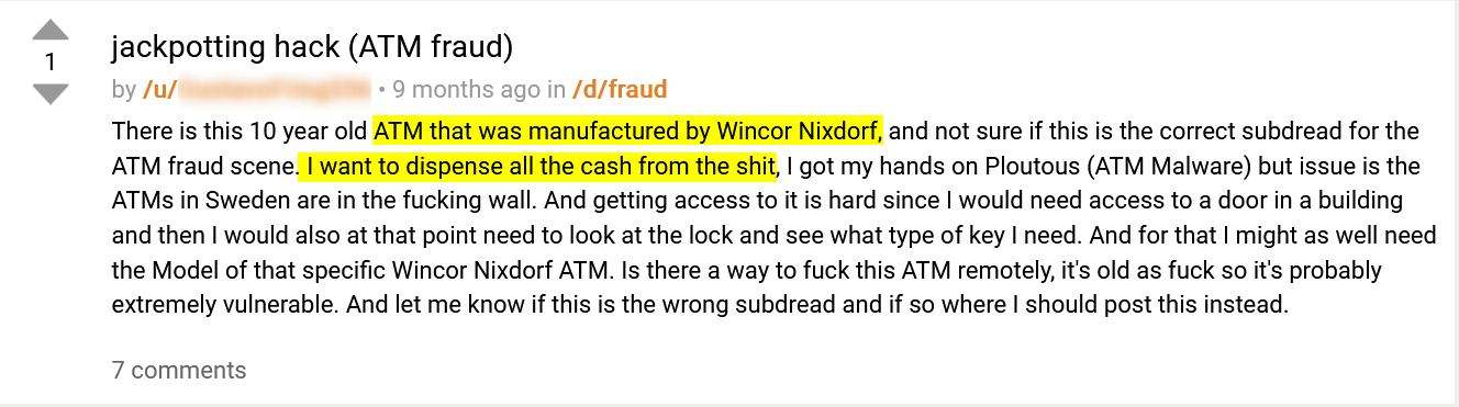 A discussion about an ATM fraud on dark web hacking forum Dread. The screenshot is taken from Webz.io’s Cyber API