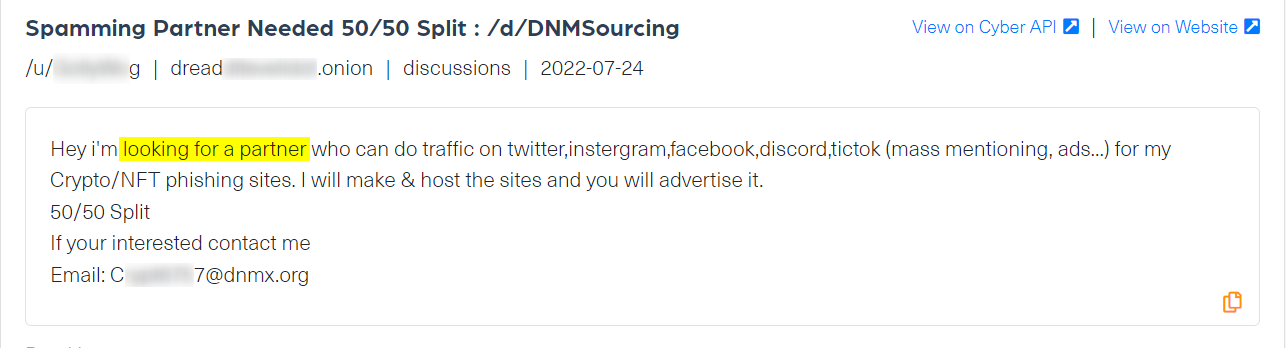 A post on Dread forum, in which the author says he is looking to expand to a new area and to new partners. The screenshot is taken from Webz.io’s Cyber API Playground as the original post was deleted.