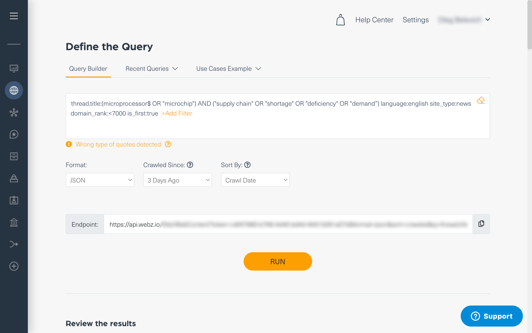 The query in Webz.io's playground